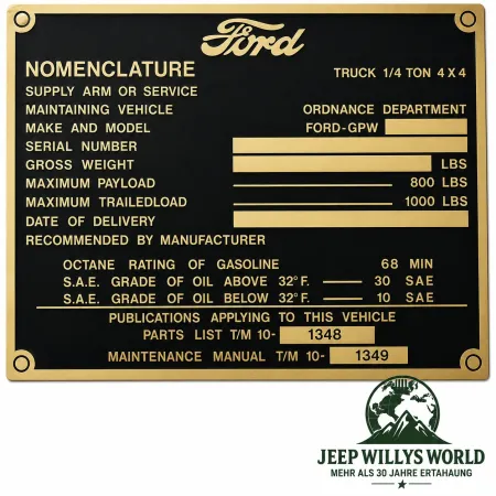 Typenschild Plakete Messingfarbig Armaturenbrett Fahrzeug Identifikationsnummer Ford GPW (01.1944-07.1944)