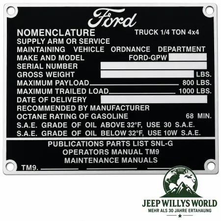 Typenschild Plakete Armaturenbrett Fahrzeug Identifikationsnummer Ford GPW (07.1944-06.1945)