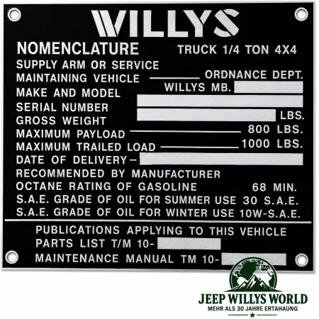 Typenschild Plakete Armaturenbrett Fahrzeug Identifikationsnummer Jeep Willys MB (01.1943-11.1943)