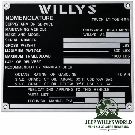 Typenschild Plakete Armaturenbrett Fahrzeug Identifikationsnummer Jeep Willys MB (12.1943 - 07.1944)