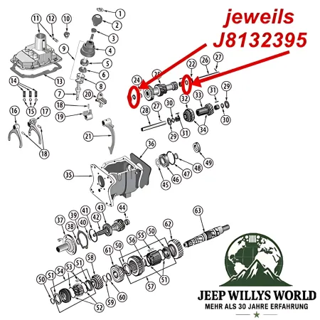 Explosionszeichnung von Anlaufring Vorgelegewelle vorne/hinten T176/T177 Schaltgetriebe. Jeep SJ J Serie, CJ5 CJ7 CJ8 80-86.