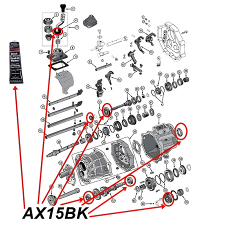 Lager & Simmerring Kit AX15 Schaltgetriebe Jeep Cherokee XJ / Wrangler YJ / TJ / Grand Cherokee ZJ (87-89), Explosionszeichnung die mit roten Pfeilen alle Set-Teile am Schaltgetriebe zeigt.