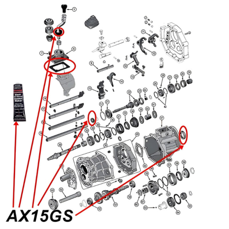 Dichtsatz AX15 Schaltgetriebe Jeep Cherokee XJ / Wrangler YJ / TJ / Grand Cherokee ZJ (87-89), Explosionszeichnung die mit roten Pfeilen alle Set-Teile am Schaltgetriebe zeigt.