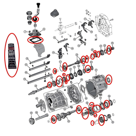 Master Reparatur Kit für AX15 Schaltgetriebe inkl. Lager, Dichtungen, Simmerringe, Synchronringe, RTV Dichtmasse und Kleinteile Set. Jeep Cherokee XJ / Wrangler YJ / TJ / Grand Cherokee ZJ (1988-1999), Explosionszeichnung die mit roten Pfeilen alle Teile 