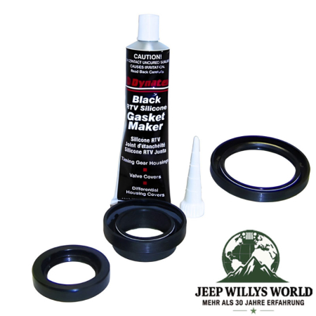 Gasket and Seal Set incl. Input, Output Seal and RTV Sealant for BA10/5 Transmission. Jeep Cherokee XJ / Wrangler YJ / Commanche MJ (1987-1989), ful lscope of delivery pictured.
