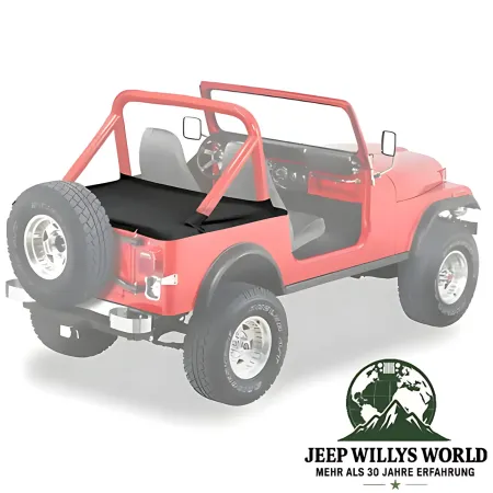 Duster Deck Cover Heckabdeckung Black Denim Jeep CJ7, Wrangler YJ (80-91), hervorgehoben auf ausgegrautem Jeep ohne Top.