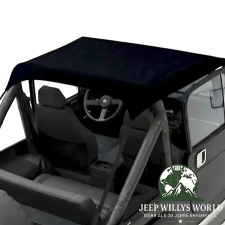 Nahaufnahme von Bestop Traditional Style Bikini Top Black Crush, schwarzes Kunstleder. Jeep CJ7 CJ8, Wrangler YJ (1976-1991).