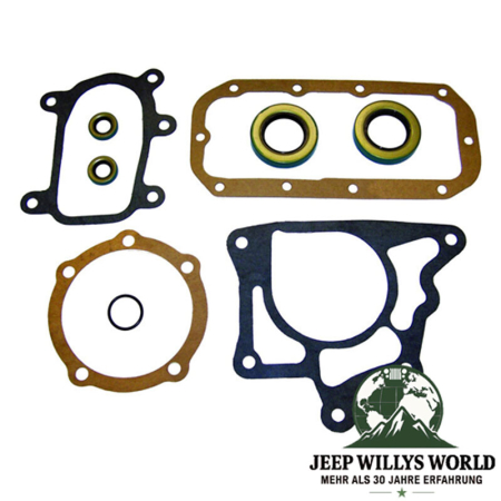 Overhaul Master Kit Gaskets Bearings Dana 20 Transfer Case Jeep CJ 72-79, all Seals incl. oil seal rings are pictured.