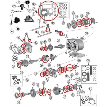 Dichtsatz Überholsatz Master Kit Dana 300 Verteilergetriebe Jeep CJ 80-86, Explosionszeichnung die in Rot alle Teile an Ihrer Position am Verteilergetriebe hervorhebt.