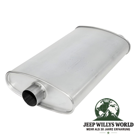 Endschalldämpfer 2,25" (57,15 mm) für 2,5L Turbo Diesel Motor. Jeep Cherokee XJ (1993-2001), Eingang abegbildet.