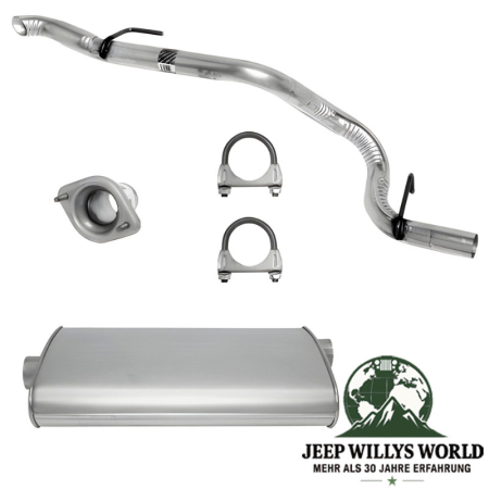 Endschalldämpfer und Endrohrbogen Kit (aluminisiert) inkl. Schellen und Flansch. 2,25" (57,15 mm) für 4,0L 6 Zylinder Motor. Jeep Cherokee XJ (20.01.2000-2001), inkl. Schellen und Flansch abgebildet.