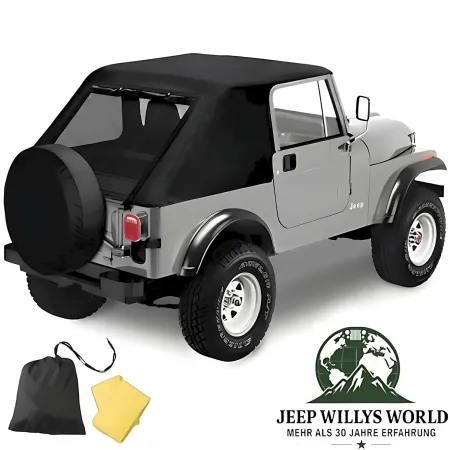 Emergency Soft Top Notfall Verdeck schwarz Jeep CJ7, YJ (76-91), montiert, Stautasche und Regenponchos ebenfalls abgebildet.