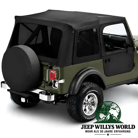 Getönten Scheiben am Supertop Jeep CJ7, Wrangler YJ (76-95) montiert mit teilbaren Türen, Nahansicht.
