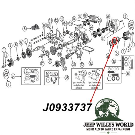 Lager Ausgangswelle Dana 20, 300 Verteilergetriebe Ausgang (außen) Jeep SJ J Serie / CJ5 / CJ6 / CJ7 / CJ8 (62-86), Technische Zeichnung mit roten Pfeilen zur Position des Lagers am Verteilergetriebes.