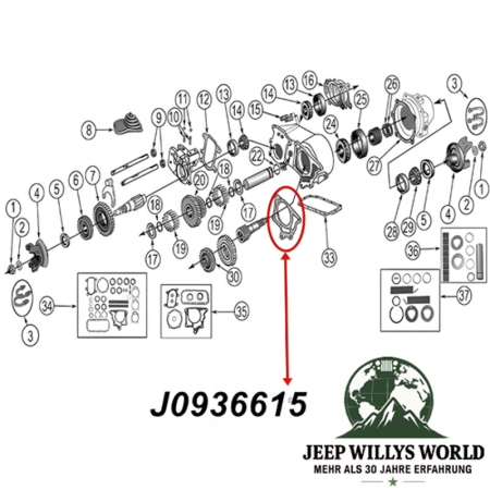 Dichtung Dana 18, 20 Verteilergetriebe zu T18, T98 oder T150 Schaltgetriebe Jeep CJ 66-79, Explosionszeichnung, die mithilfe eines roten Pfeils die Position der Dichtung zeigt.