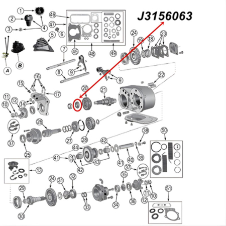 Crown Bearing Dana30, 35 Axle Dana 300 Transfer Case Front Output. Jeep CJ / Wrangler / Cherokee / Grand Cherokee YJ TJ WJ WG WH WK ZJ ZG XJ (1966-2012), location highlighted in an exploded drawing.