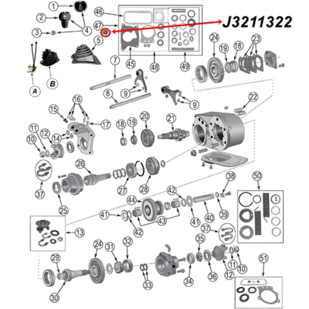 Getriebe- Allradschalter 4WD Dana 300 Quadra-Trac Verteilergetriebe Jeep CJ 80-86, Explosionszecihnung mit rotem Pfeil zur Position des Allradschalters.