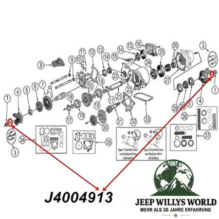 Lock Washer Pinion Nut Dana 18, 20, 300, Quadra-Trac Transfer Case Output (front or rear), Dana 25, 27, 30, 44, 53, 60 Front or Rear Axle Jeep CJ, Willys, M38, M38A1, SJ J Serie, C101 C104 Commando, Wrangler, Grand, Cherokee (41-06), exploded Transfer Cas