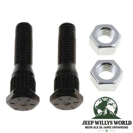 Abgaskrümmer Schrauben und Muttern Set, Flammrohr zu Krümmer für 2,5L oder 4,0L Motor. Jeep Cherokee XJ / Wrangler YJ / TJ / Grand Cherokee ZJ / Comanche MJ (1984-2002). 2x Schraube, 2x Mutter abgebildet.