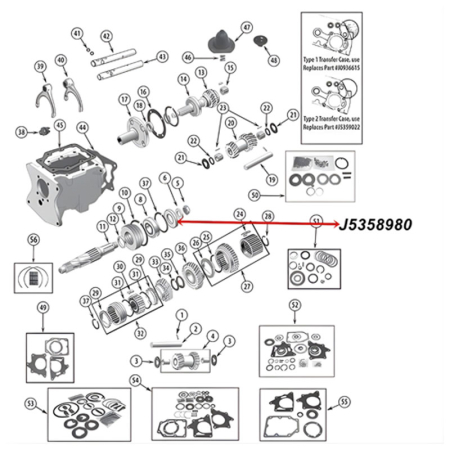 Main Shaft Output Oil Seal T150 Transmission Jeep CJ (76-79), exploded drawing highlighting the position of Oil Seal on Transmission with a red arrow.