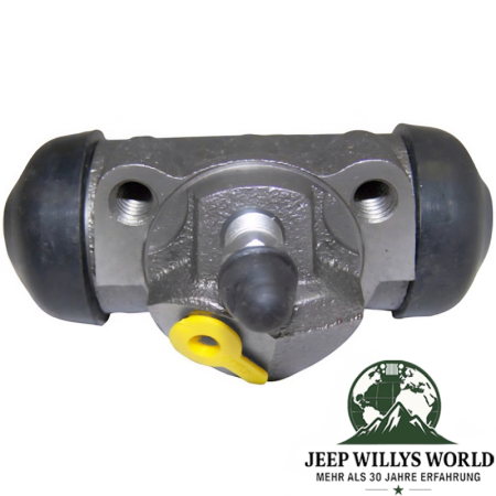 Radbremszylinder hinten links 11" Trommelbremse Jeep CJ5 CJ6 SJ J-Serie C104 Commando 69-75, auf der Seite liegend, Anschlusseite zum Betrachter zeigend.