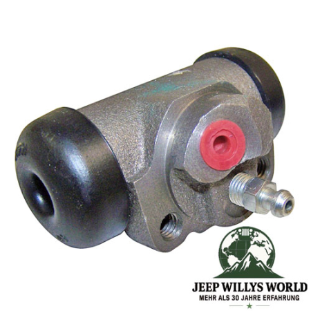Radbremszylinder hinten rechts 11" Trommelbremse Jeep CJ5 CJ6 SJ J-Serie C104 Commando 69-75, auf der Seite liegend mit den Anschlüssen sichtbar.