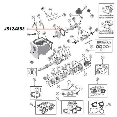Bearing Retainer Gasket T150 Transmission Jeep CJ (76-79), exploded drawing higlighting the position of Gasket on Transmission.