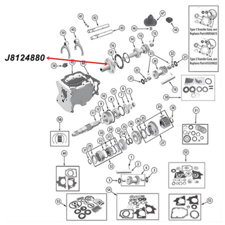 Bearing Retainer Front Input T150 Transmission Jeep CJ (76-79), exploded drawing highlighting the position of Bearing Retainer on Transmission with a red arrow.