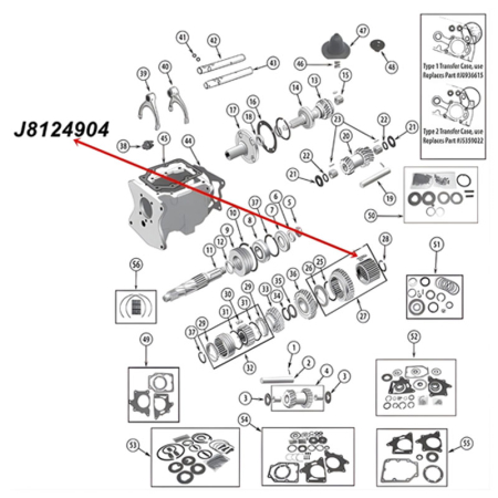 Synchronizer Plate 1st and Reverse Gear T150 Transmission Jeep CJ (76-79), exploded drawing highlighting the location of Shift Plate on Transmission with a red arrow.