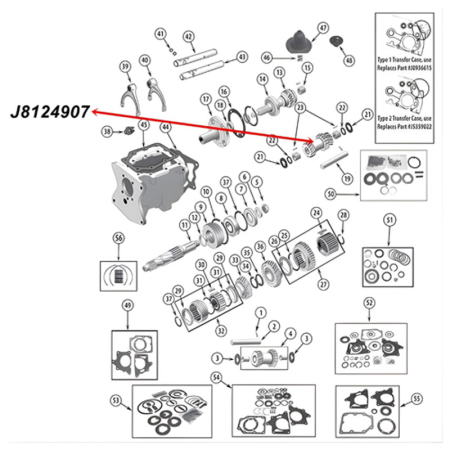 Vorgelegewelle T150 Schaltgetriebe Jeep CJ (76-79), Explosionszeichnung die mit rotem Pfeil die Position der Vorgelegewelle am Schaltegtriebe zeigt.