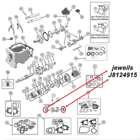 Reverse Idler Washer T150 Transmission Jeep CJ (76-79), exploded drawing of Transmission highlighting the position of Reverse Idler Washer with red arrow.