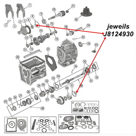 Sicherungsring SR4 T176 T177 Schaltgetriebe Jeep CJ / SJ (80-86), Explosionszeichnung die mit roten Pfeilen die Position der Sicherungsringe am Schaltgetriebe aufzeigt.