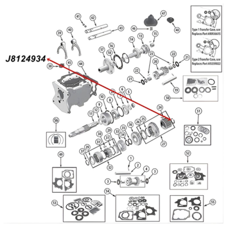 Synchronizer Snap Ring 1st & Reverse Synchronizer Hub T150 Transmission Jeep CJ (76-79), exploded drawing highlighting the position of Snap Ring on Transmission with a red arrow.