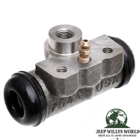 Radbremszylinder 9" Trommelbremse hinten rechts oder links Ford GPW Jeep CJ2A CJ3A Willys MB M38 41-53, von vorne abgebildet, leicht nach rechts gedreht.