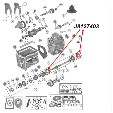 Synchronring Set 1. und 2. Gang SR4 T4 T5 Schaltgetriebe Jeep CJ / SJ / Cherokee XJ (80-86), Explosionszeichnung, die mit roten Pfeilen die Position der Synchronringe am Schaltgetriebe zeigt.
