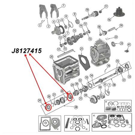 Blocking Ring Set 3rd and 4th Gear SR4, 5th Gear T5 Transmission Jeep CJ / SJ / Cherokee XJ (80-86), exploded drawing highlighting the position of Blocking Rings on Transmission.