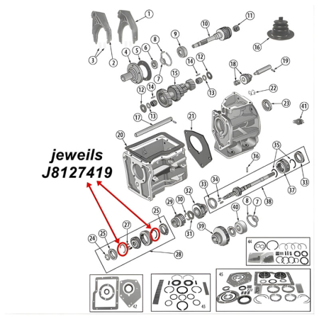 Synchronring Feder Set 3. und 4. Gang SR4 T4, 5. Gang T5 Schaltgetriebe Jeep CJ / SJ / Cherokee XJ (80-86), Explosionszeichnung, die mit roten Pfeilen die Position der Synchronring Federn am Schaltgetriebe zeigt.