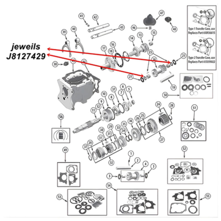 Anlaufring Vorgelegewelle SR4 T150 Schaltgetriebe Jeep CJ (76-81),, Explosionszeichnung, die mit rotem Pfeil die Position des Anlaufrings am Schaltgetriebe zeigt.