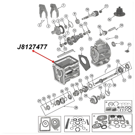 Dichtung für Getriebegehäuse Deckel SR4 Schaltgetriebe Jeep CJ (80-83), Explosionszeichnung, die mit rotem Pfeil die Position der Dichtung am Schaltgetriebe zeigt.