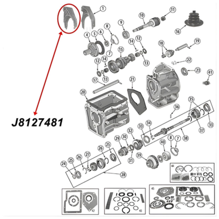 Schaltgabel 3. & 4. Gang SR4 Schaltgetriebe Jeep CJ (80-83), Explosionszeichnung die mit rotem Pfeil die Position der Schaltgabel am Schaltgetriebe zeigt.