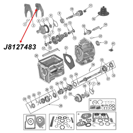 Schaltgabel 1. & 2. Gang SR4 Schaltgetriebe Jeep CJ (80-83), Explosionszeichnung die mit rotem Pfeil die Position der Schaltgabel am Schaltgetriebe zeigt.