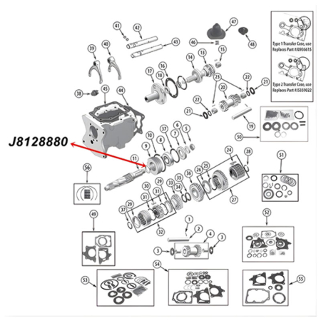 Abstandshalter Spacer Hauptwelle T86 T90 T150 Schaltgetriebe Jeep CJ / SJ / Willys (46-79), Explosionszeichnung, die mit rotem Pfeil die Position des Abstandshalters am Schaltgetriebe zeigt.