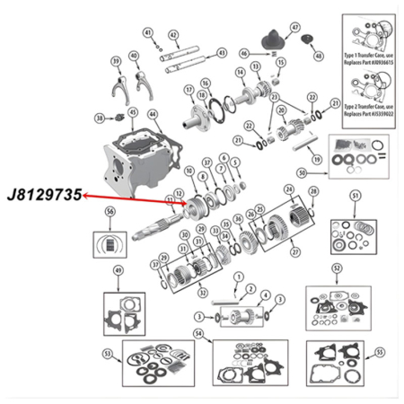 Lager Adapter Hauptwelle hinten T150 Schaltgetriebe Jeep CJ (76-79), Explosionszeichnung, die mit rotem Pfeil die Position des Lageradapters am Schaltgetriebe zeigt.