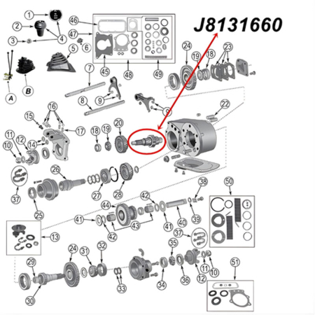 Front Output Shaft Dana 300 Transfer Case Jeep CJ 80-86, exploded drawing highlighting the location of Shaft on Transfer Case.