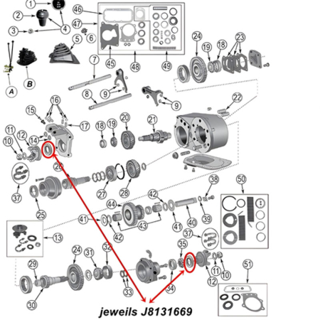 Output Shaft Oil Seal Dana 300 Transfer Case front and rear Jeep CJ (80-86), technical drawing highlighting the Location of front and rear Seal on Transfer Case.
