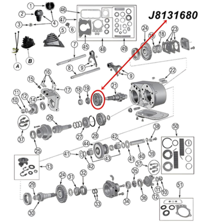 Zahnrad Dana 300 Verteilergetriebe Ausgang vorne Jeep CJ 80-86, Explosivzeichnung mit rotem Pfeil ur Position des Ritzels am Verteilergetriebe.