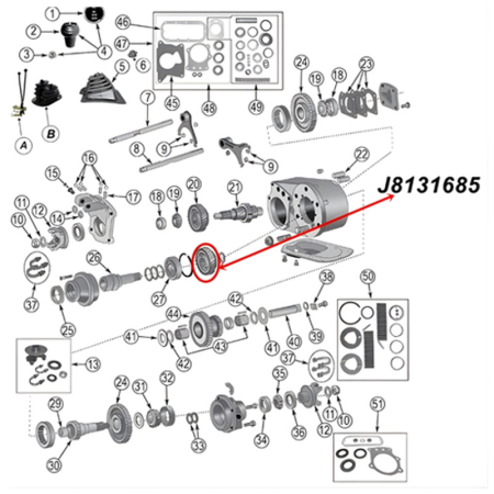 Input Gear Dana 300 Transfer Case Jeep CJ 80-86, exploded drawing highlithing the location of Gear on Transfer Case.