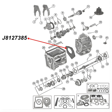 Simmerring Ausgang hinten SR4 T4 T5 Schaltgetriebe Jeep CJ / SJ / Cherokee XJ (80-86), Explosionszeichnung, die mit rotem Pfeil die Position des Simmerrings am Schaltgetriebe zeigt.