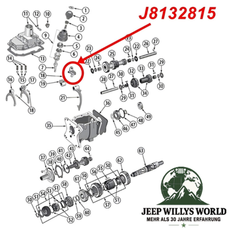 Umlenkhebel Rückwärtsgang T176 T177 Schaltgetriebe Jeep CJ / SJ (80-86), Explosionszeichnung, die mit rotem Pfeil die Position des Hebels am Schaltgetriebe aufzeigt.