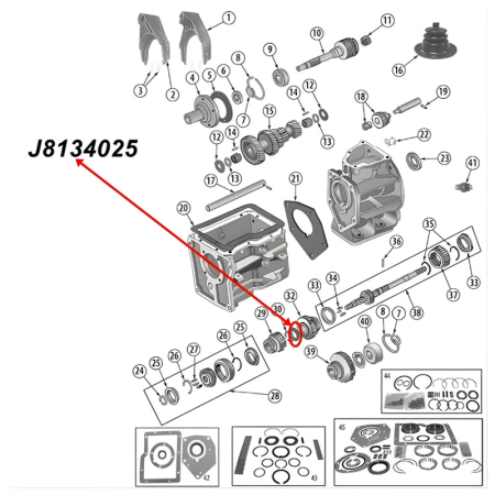 Druckscheibe 2. und 3. Gang Hauptwelle SR4 T4 T5 Schaltgetriebe Jeep CJ / SJ / Cherokee XJ (80-86), Explosionszeichnung die mit roten Pfeilen die Position der Druckscheibe am Schaltgetriebe aufzeigt.